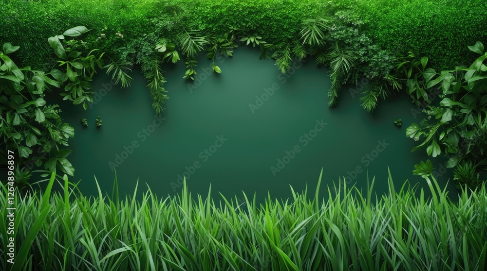 Poster Green foliage border with lush grass and dark background suitable for text placement Copy Space