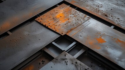 Textured industrial metal surfaces with rust and grime visible in overlapping sheets, suitable for background use, Copy Space