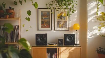 Sunlight streams into living room, illuminating stereo system, plants, and records; perfect for home decor blogs