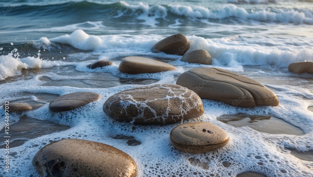 Poster smooth pebbles on a beach surrounded by foamy waves under soft natural lighting with copy space for 