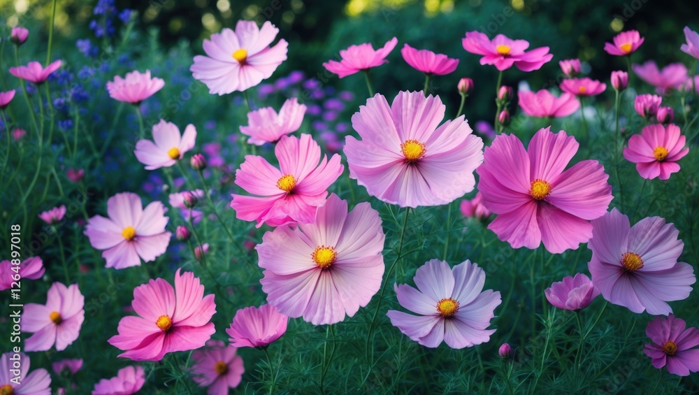 Poster Field of Pink Cosmos Flowers in Bloom Against a Soft Green Background with Copy Space for Text