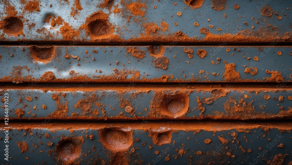 Poster close-up of rusty metal surface with orange rust, showing texture and corrosion details, suitable fo