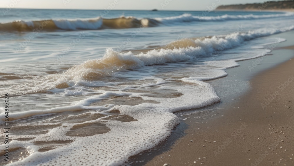 Poster waves gently lapping at the shore with foam and sandy beach in the background during daytime copy sp