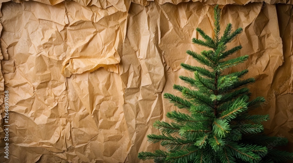 Poster christmas tree on crumpled brown paper background with copy space for holiday text or messages