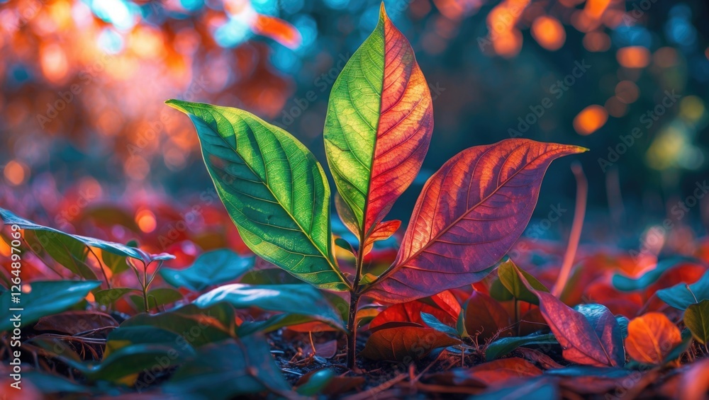 Poster close-up of vibrant green and red leaves on the forest floor with blurred nature background and rich