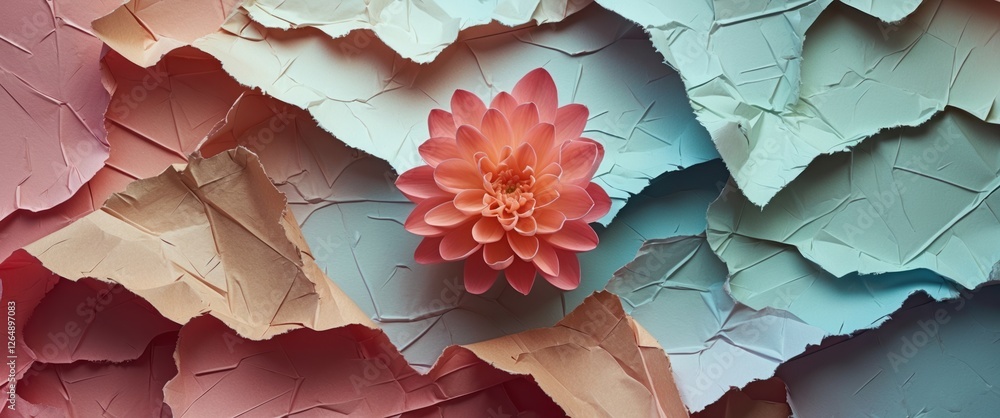 Poster colorful textured paper background with delicate pink flower positioned centrally, suitable for vari