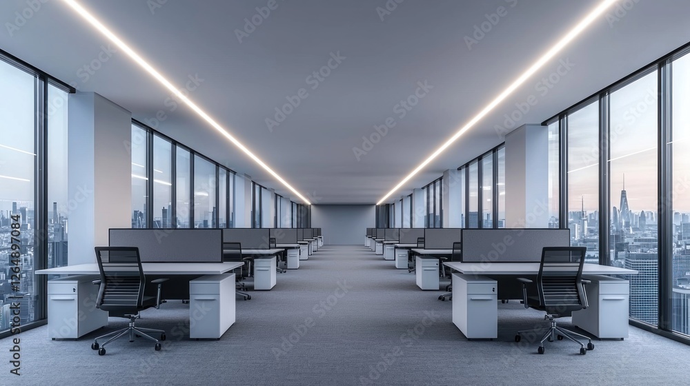 Poster Modern Empty Office Space with Panoramic City View and Minimalist Design at Dawn