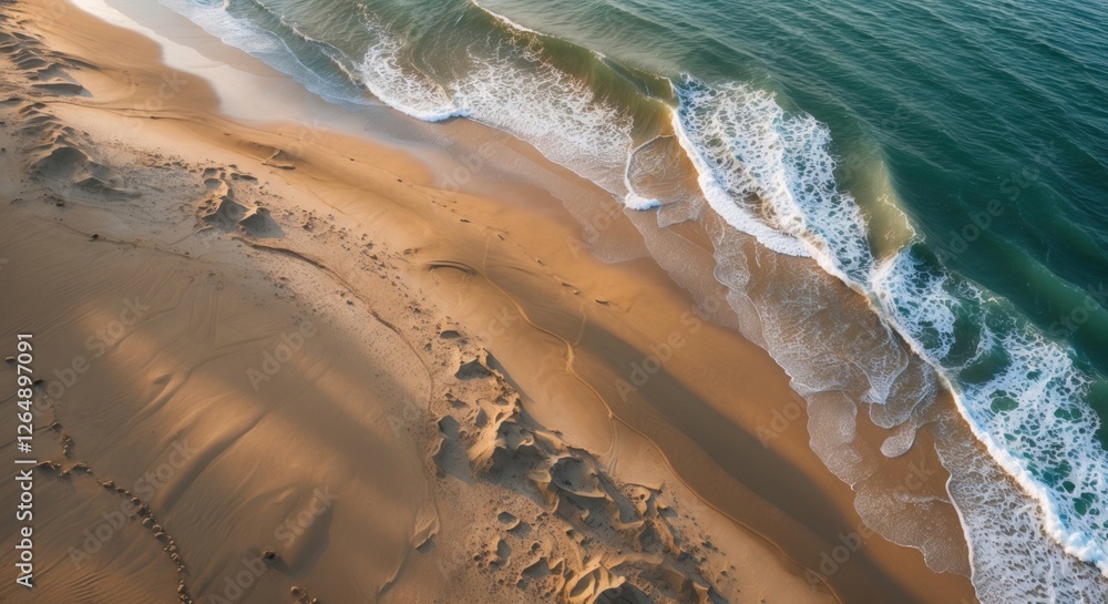 Poster Aerial view of sandy beach with gentle waves and shoreline patterns at sunset with copy space for text placement.