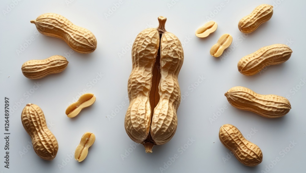 Aufkleber Peanuts in shell and shelled arranged in circular layout on white background with copy space for text inclusion