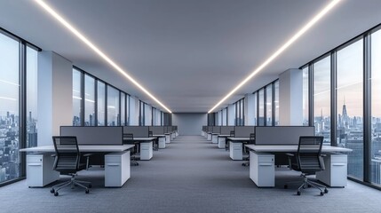 Modern Empty Office Space with Panoramic City View and Minimalist Design at Dawn