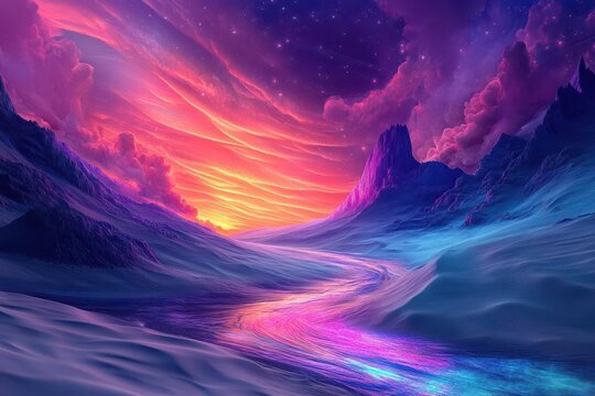surreal digital landscape with swirling neon colors, floating geometric shapes, and ethereal light trails creating a dreamlike dimension