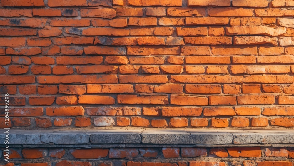 Poster textured orange brick wall with gray stone ledge and uneven surface for architectural background cop