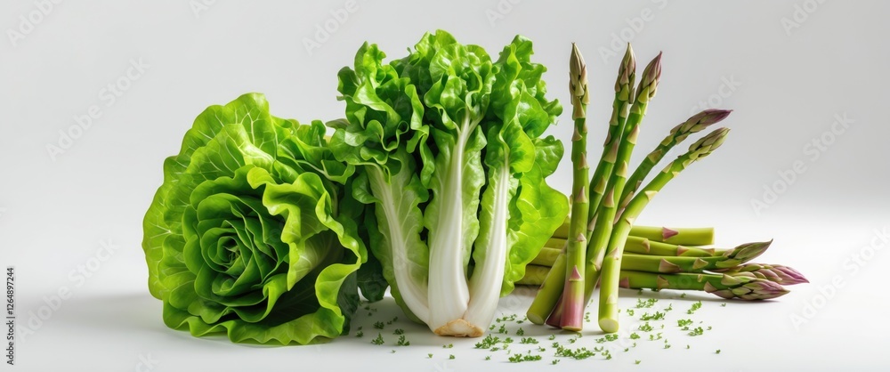 Poster Fresh green lettuce varieties and asparagus arranged on a white background with copy space.