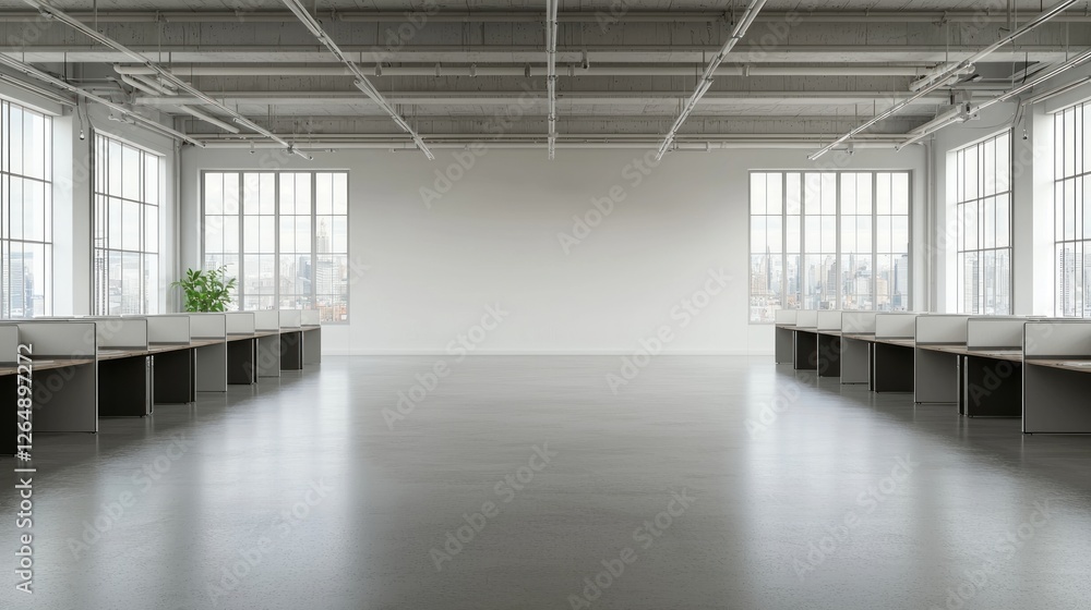 Poster Modern Empty Office Space with Large Windows and Minimalist Design in Urban Environment