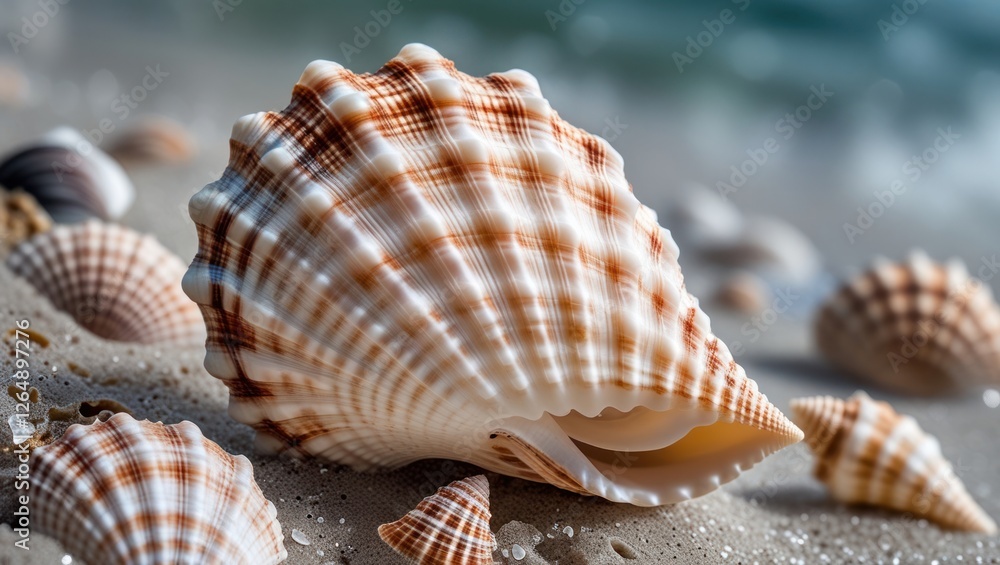 Poster Close-up of a large seashell on sandy beach with smaller seashells scattered around and ocean waves in the background Copy Space
