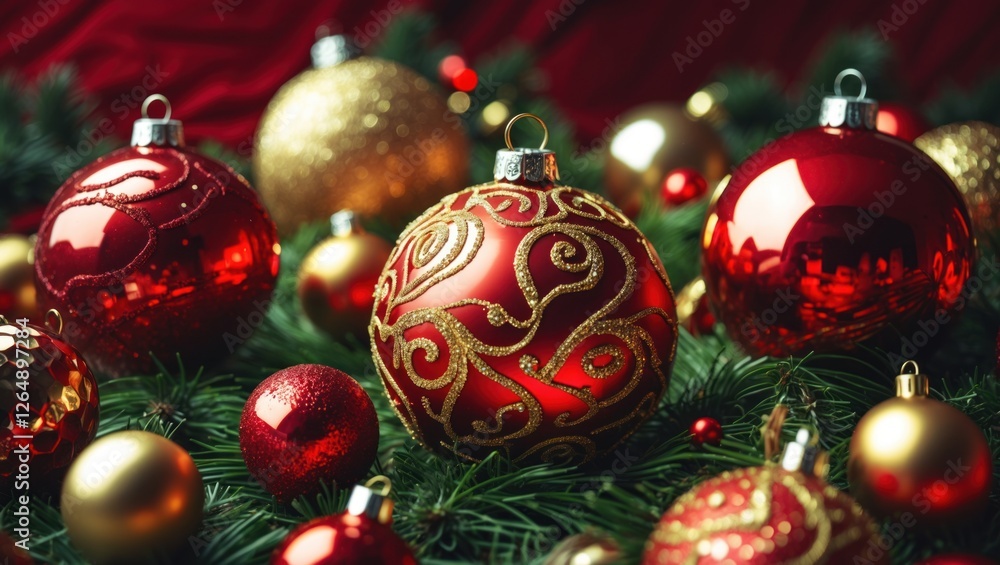Aufkleber christmas ornaments in red and gold resting on green pine branches with a textured red background an