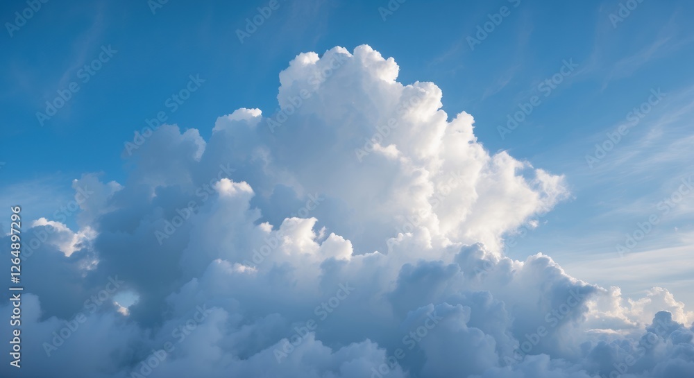 Poster fluffy white cumulus clouds against a bright blue sky with ample copy space for text or graphics