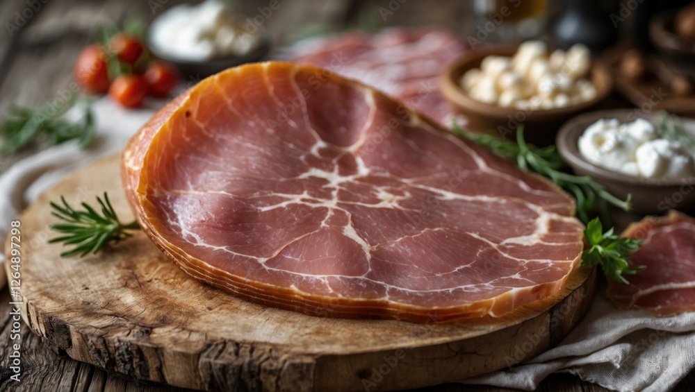 Poster freshly sliced cured ham on a wooden board with herbs and assorted cheeses in the background copy sp