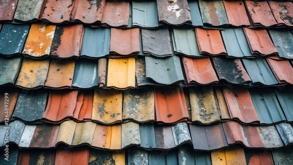 Poster Colorful weathered tile roof pattern with texture details suitable for architectural backgrounds and design Copy Space