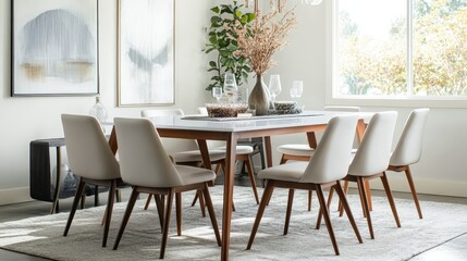 A modern dining table with a clean white surface and wooden legs, surrounded by sleek metal chairs