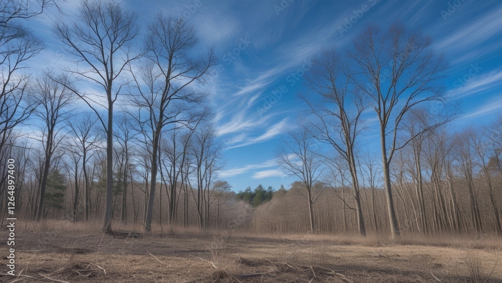 Poster Barren winter landscape with leafless trees under a blue sky with clouds and open space for text placement