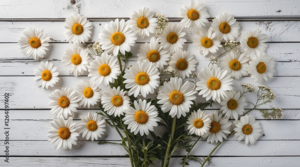 Poster bouquet of white daisies with yellow centers on rustic wooden background with bright copy space for 