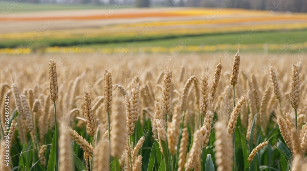 Aufkleber Golden wheat field with vibrant multicolored flower fields in background and blurred foreground, Copy Space available.
