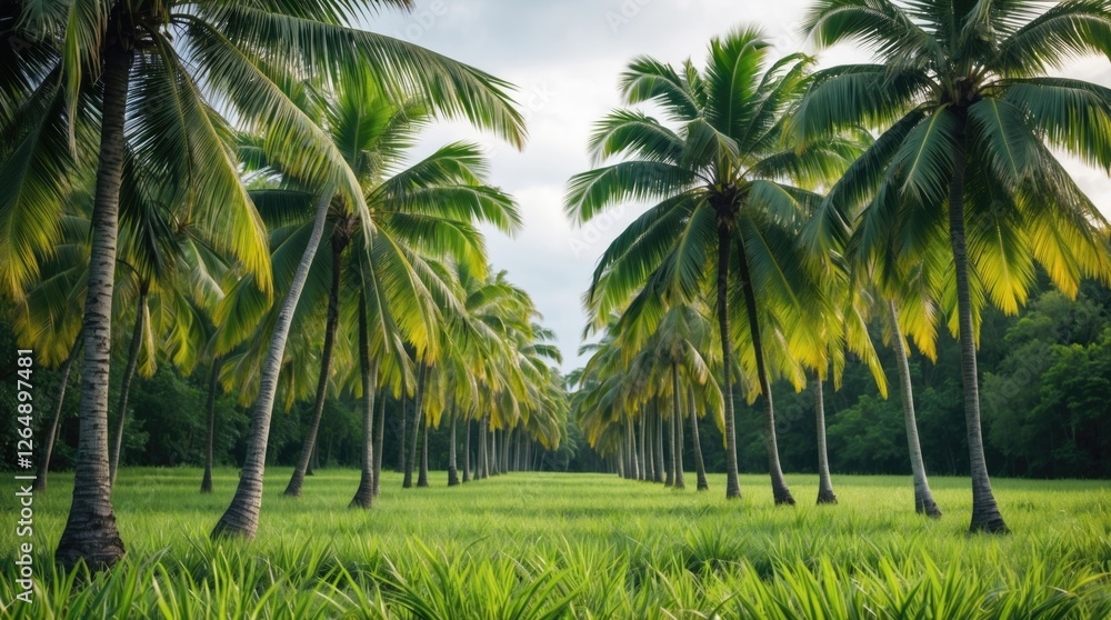 Aufkleber tropical landscape with tall coconut palm trees lined along a grassy pathway under cloudy sky with g