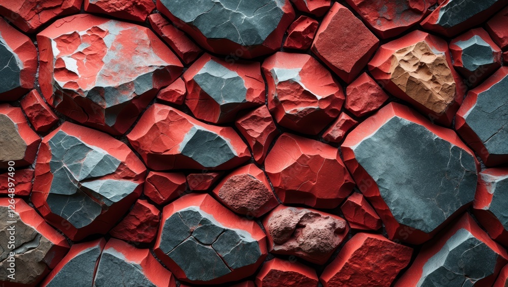 Poster Textured rock wall with red and gray stones arranged in an artistic pattern suitable for backgrounds and designs Copy Space