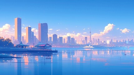 Naklejka premium Mist Rising from a Quiet Bay, a vibrant city pop anime scene depicting a serene morning lake enveloped in soft fog, featuring bold outlines and a neon-lit color palette.