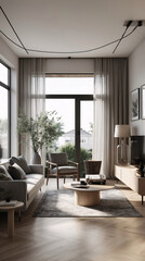 Scandinavian interior with a neutral gray couch minimalist design and contemporary furniture creating an open peaceful living room Modern Interior Design Inspiration