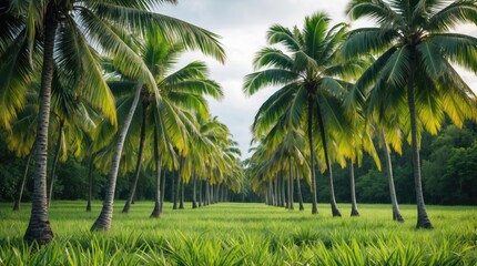 Fototapeta premium Tropical landscape with tall coconut palm trees lined along a grassy pathway under cloudy sky with greenery in the background Copy Space