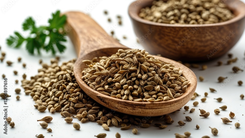 Aufkleber coriander seeds in a wooden spoon with scattered seeds and a bowl in the background with a green her
