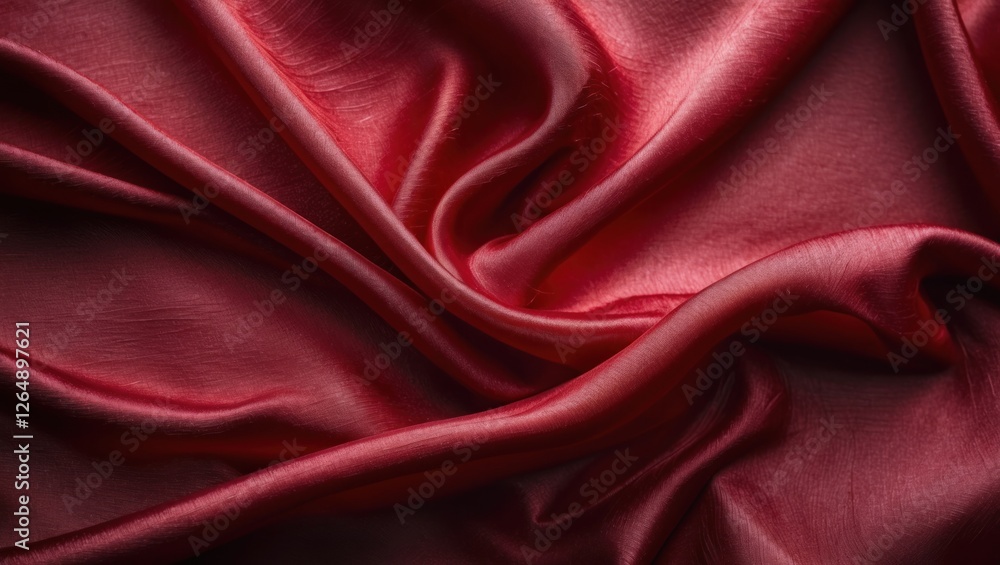 Poster red satin fabric texture with elegant folds and waves, ideal for backgrounds and textile design, cop