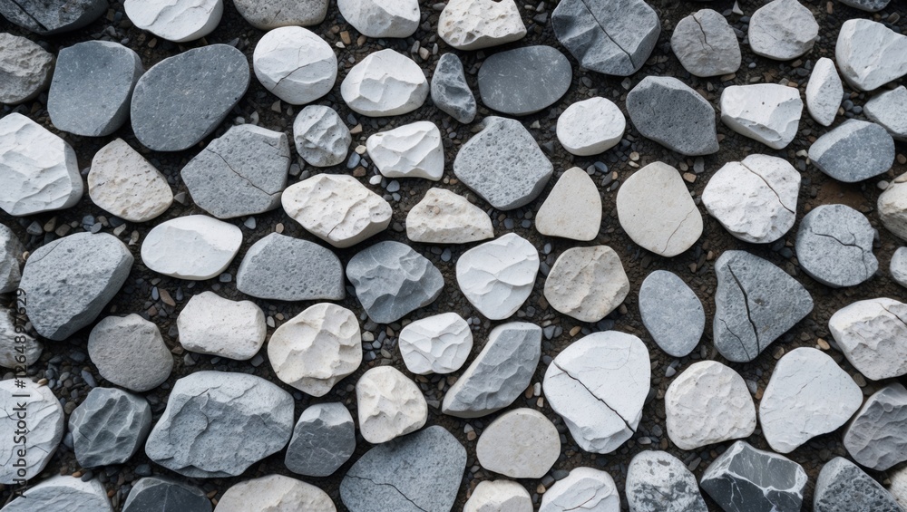 Poster variety of smooth gray and white pebbles arranged closely on a surface with natural textures copy sp