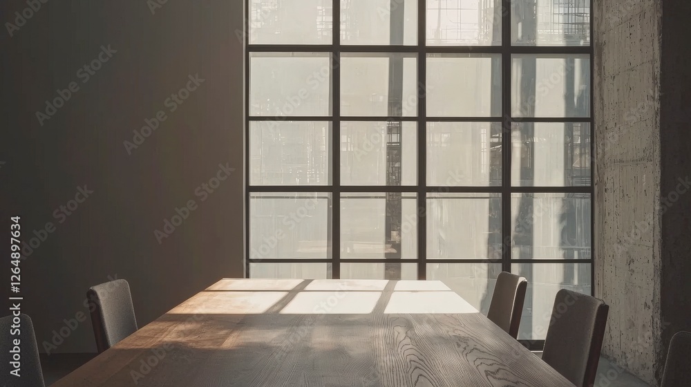 Poster this image showcases a modern conference room featuring a large wooden table illuminated by natural 
