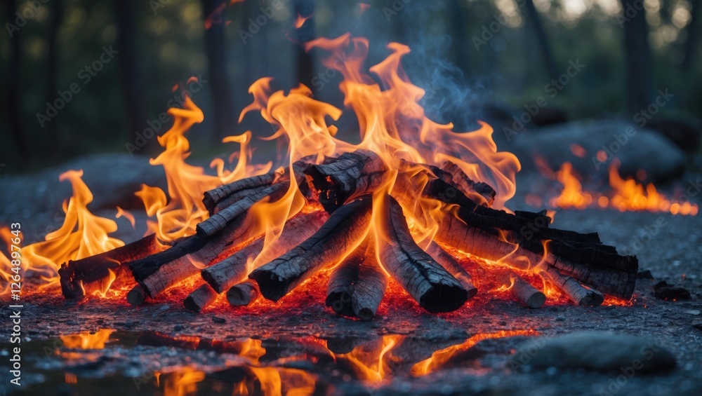 Poster wooden logs burning in a campfire with bright flames and glowing embers at dusk surrounded by a fore