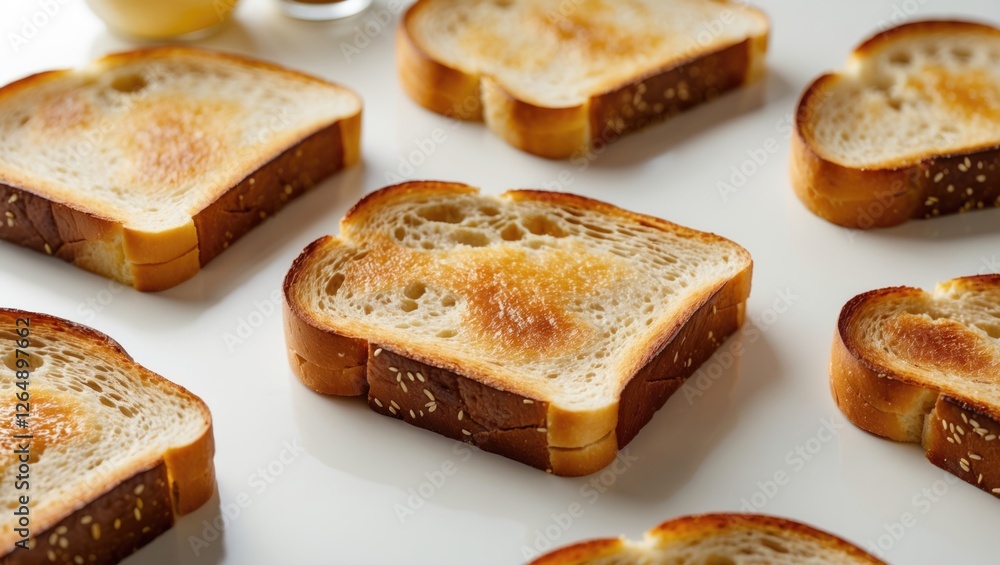 Poster toasted bread slices arranged on a white surface with a focus on texture and color. copy space avail