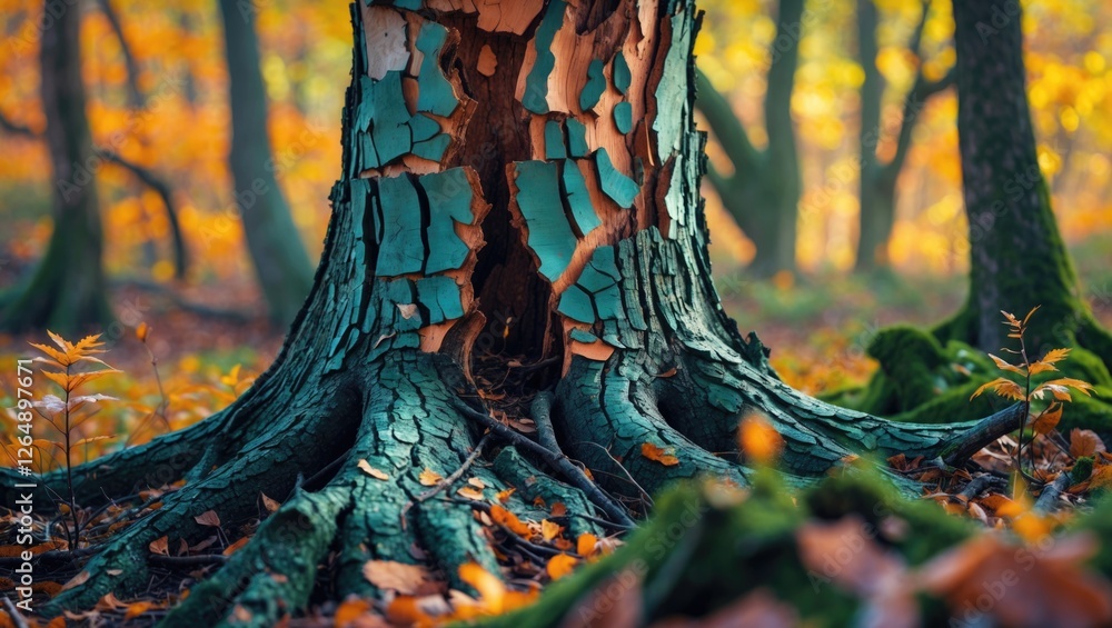 Poster close-up of an old tree trunk with peeling bark in an autumn forest setting, colorful leaves on the 
