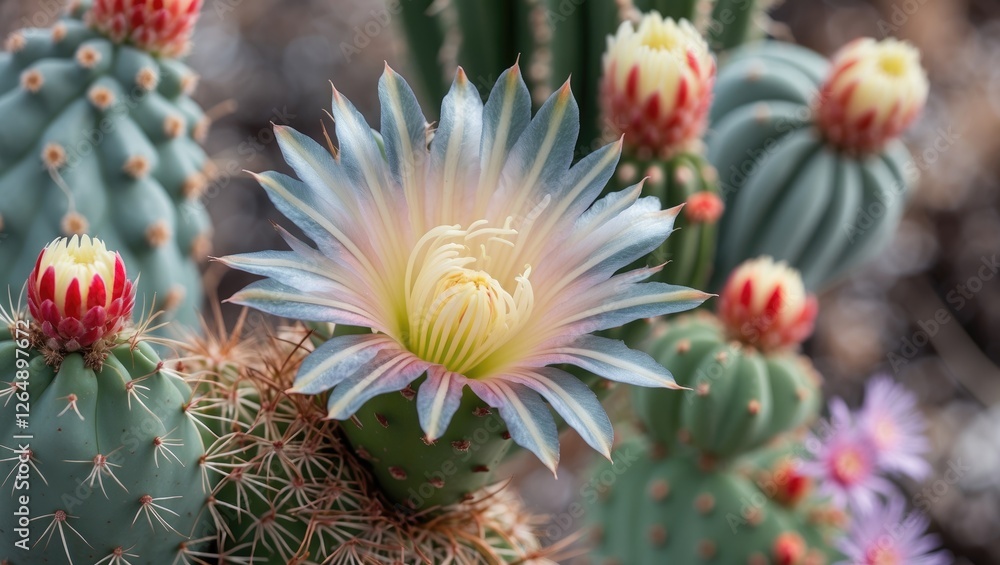 Poster Colorful blooming cactus flower surrounded by various cacti species with soft focus background and Copy Space for text insertion
