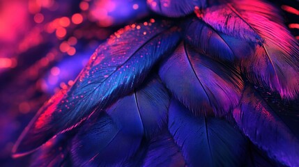 Fototapeta premium Vibrant close up of colorful feathers with shimmering droplets, showcasing a harmonious blend of purple and blue hues, ideal for artistic and emotional themes