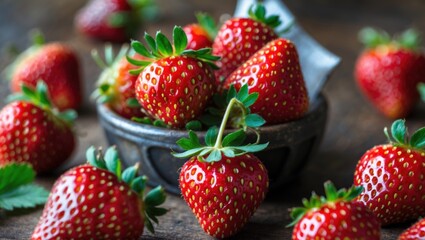 Fresh ripe strawberries in a decorative bowl surrounded by scattered strawberries on a rustic wooden table with natural lighting Copy Space