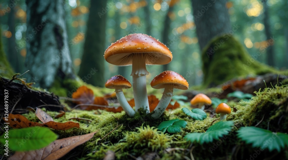 Poster mushrooms growing in a lush forest floor with soft moss and leaf litter in autumn colors with blurre