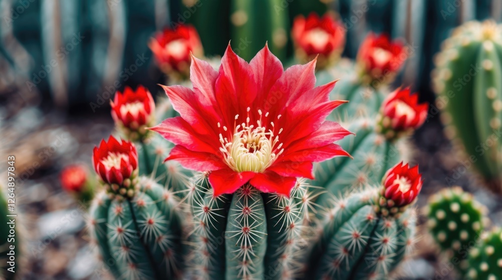 Poster vibrant red cactus flower blooming amidst spiky green cacti in a desert environment with blurred bac