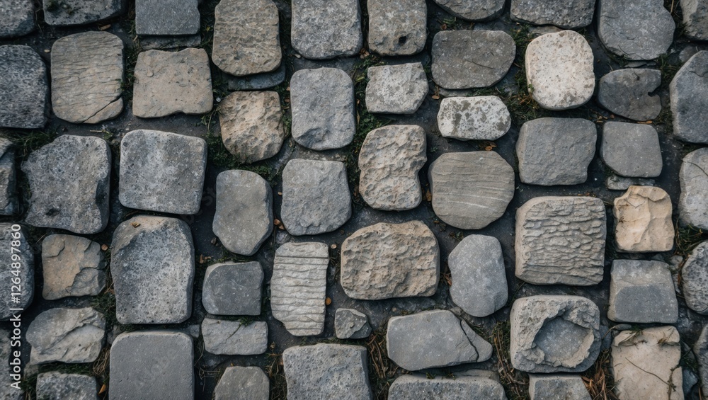 Poster Cobblestone pavement texture with various shapes and sizes of natural stones and grass between, suitable for background or surface design. Copy Space