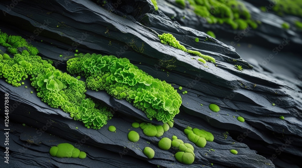 Poster lush green algae and moss on dark rocky surface showcasing intricate textures and natural patterns s