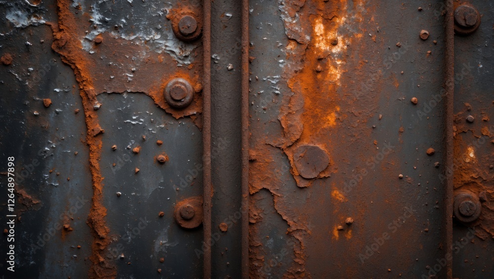 Poster Rusty metal surface with textured rust patterns and bolts showing decay and deterioration, suitable for industrial themed backgrounds, Copy Space