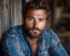Obraz premium Rugged and Contemplative Portrait of a Handsome Man in a Rustic Cabin Setting