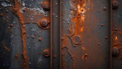 Rusty metal surface with textured rust patterns and bolts showing decay and deterioration, suitable for industrial themed backgrounds, Copy Space