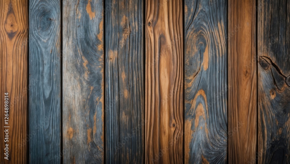 Poster horizontal arrangement of weathered wooden planks in shades of brown and blue with a textured surfac